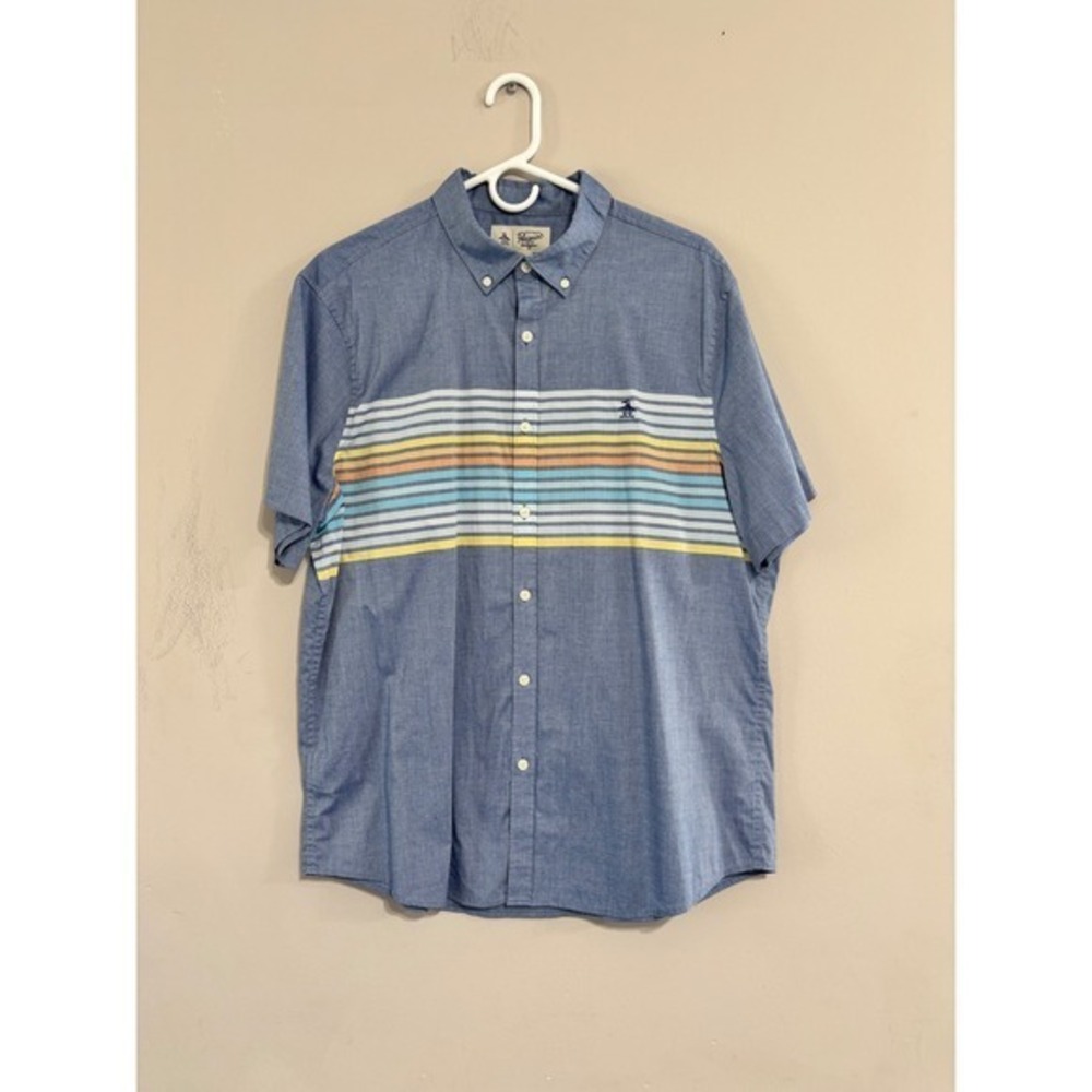 Original Penguin Mens XL Blue‎ Striped Short Sleeve Button Down Shirt NB4545